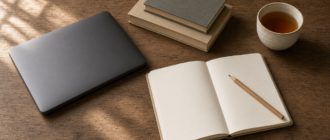 Стол для работы и учёбы: закрытый ноутбук, книги, чистый блокнот и чашка чая