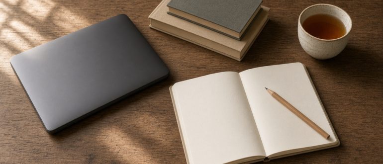 Стол для работы и учёбы: закрытый ноутбук, книги, чистый блокнот и чашка чая