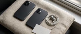 Два смартфона экраном вниз и наушники на светлой ткани у окна