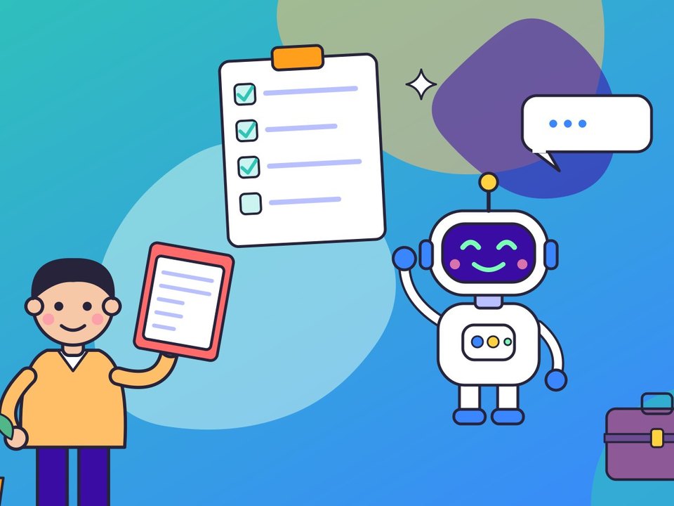 Молодой человек с папкой резюме репетирует собеседование с роботом-наставником, рядом чек-лист и портфель
