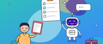 Молодой человек с папкой резюме репетирует собеседование с роботом-наставником, рядом чек-лист и портфель