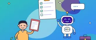 Молодой человек с папкой резюме репетирует собеседование с роботом-наставником, рядом чек-лист и портфель