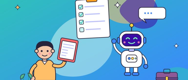 Молодой человек с папкой резюме репетирует собеседование с роботом-наставником, рядом чек-лист и портфель