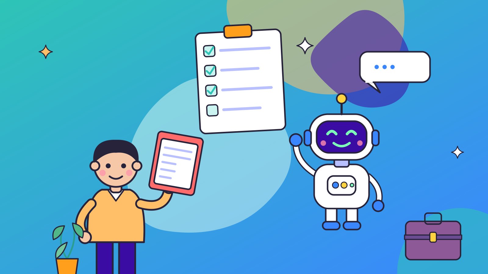 Молодой человек с папкой резюме репетирует собеседование с роботом-наставником, рядом чек-лист и портфель